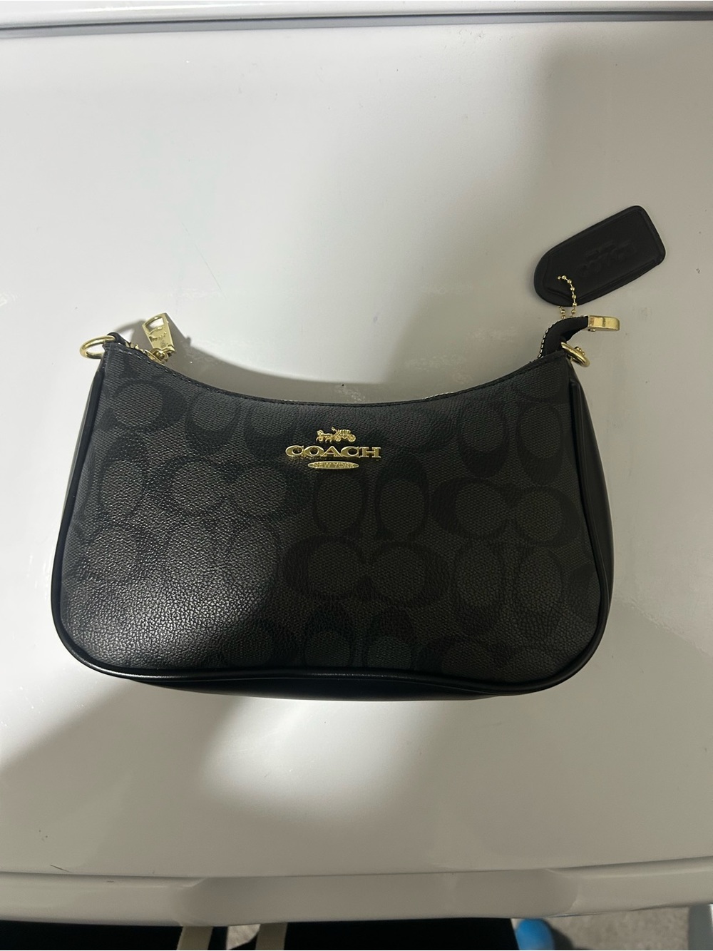 Coach Black Signature Canvas Small Shoulder Pouch with Gold Hardware